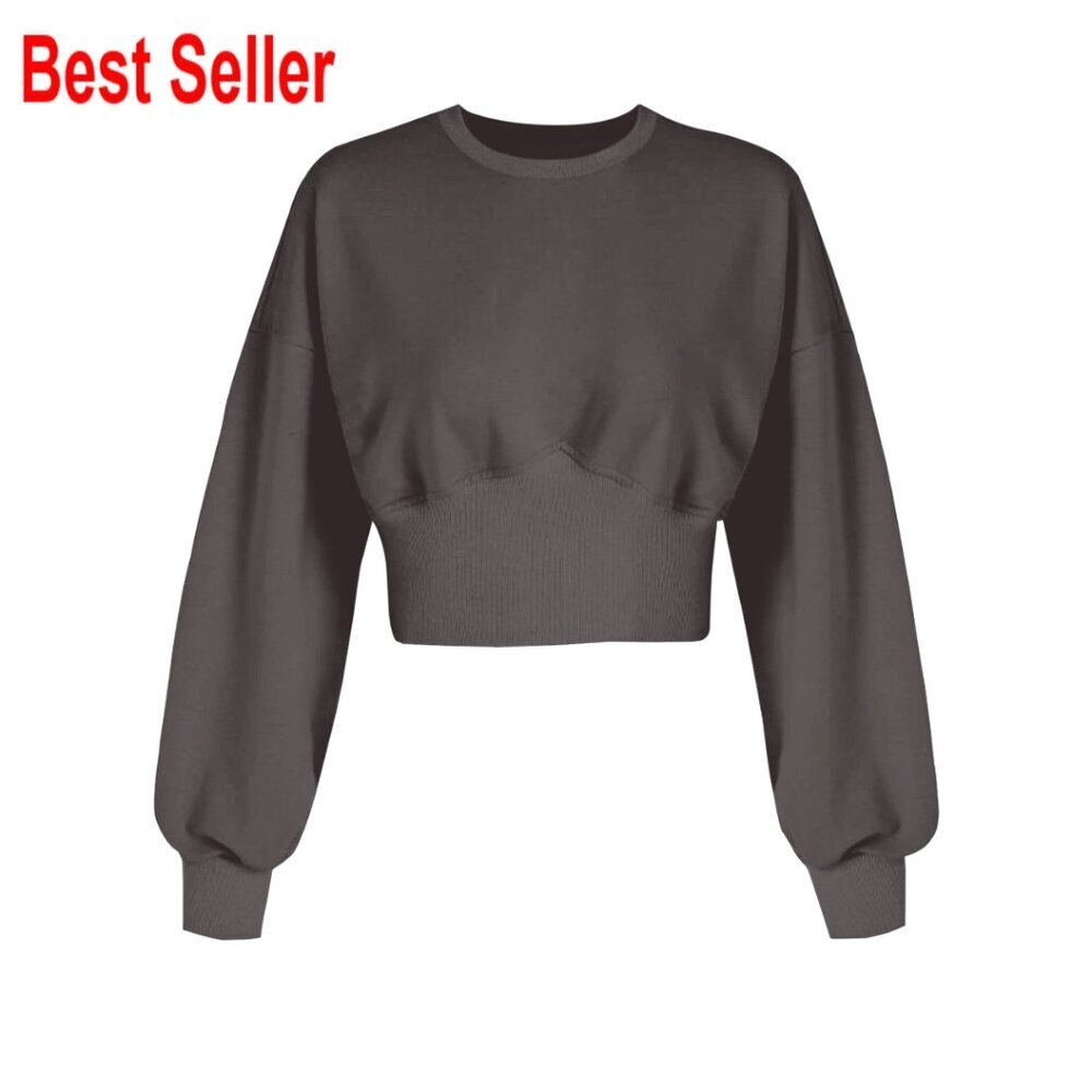 Cotton Blend Crop Sweatshirt Ribbed Corset Hem Drop Shoulder Casual Top